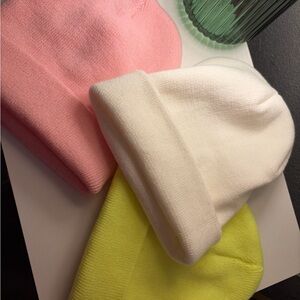 Pink, White, and Yellow Beanie Set